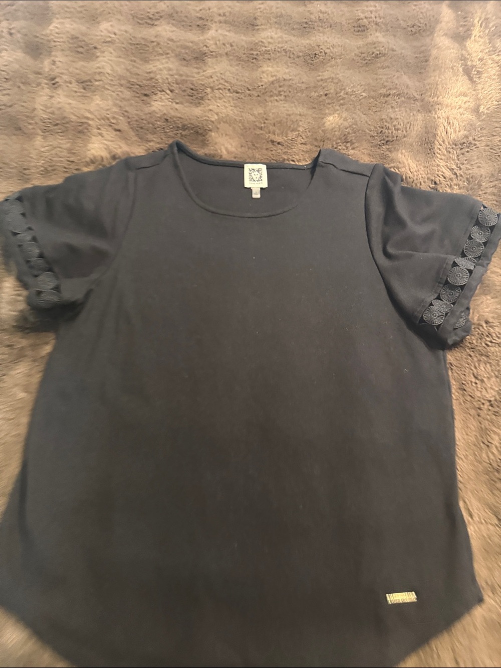 Anne Klein Black Short Sleeve Tee with Crochet Eyelet Sleeves